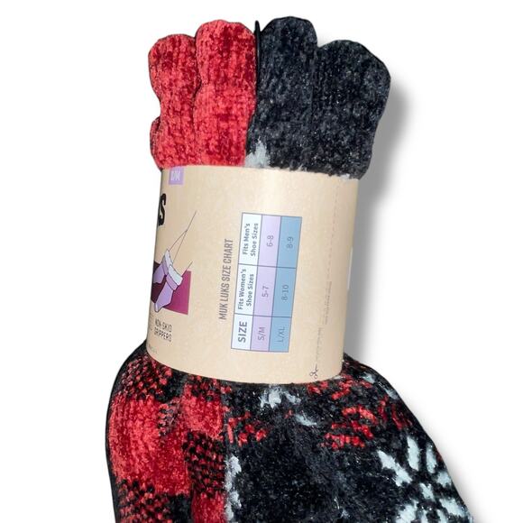Muk Luks Buffalo Check Slipper Socks Faux Fur Lined Warm Cabin 2 Pk S/M Gift - Picture 7 of 12